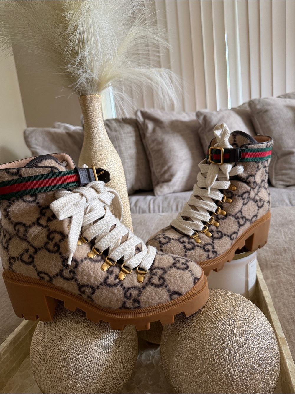 Gucci Beige and Brown Logo Lace-Up Ankle Boots